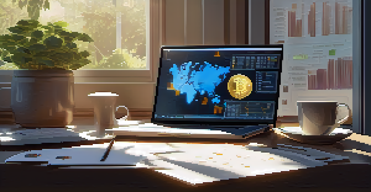 A workspace with a laptop showing cryptocurrency charts, a coffee cup, and a notepad with notes about forks, lit by warm sunlight.