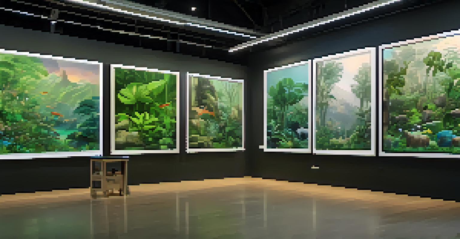 A gallery displaying eco-themed NFTs about endangered species and climate change, surrounded by plants.