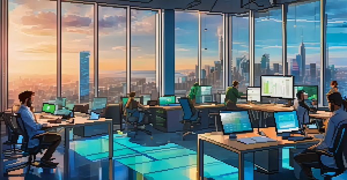 A diverse team of cryptocurrency professionals working together in a bright modern office, with digital screens showing data and charts.