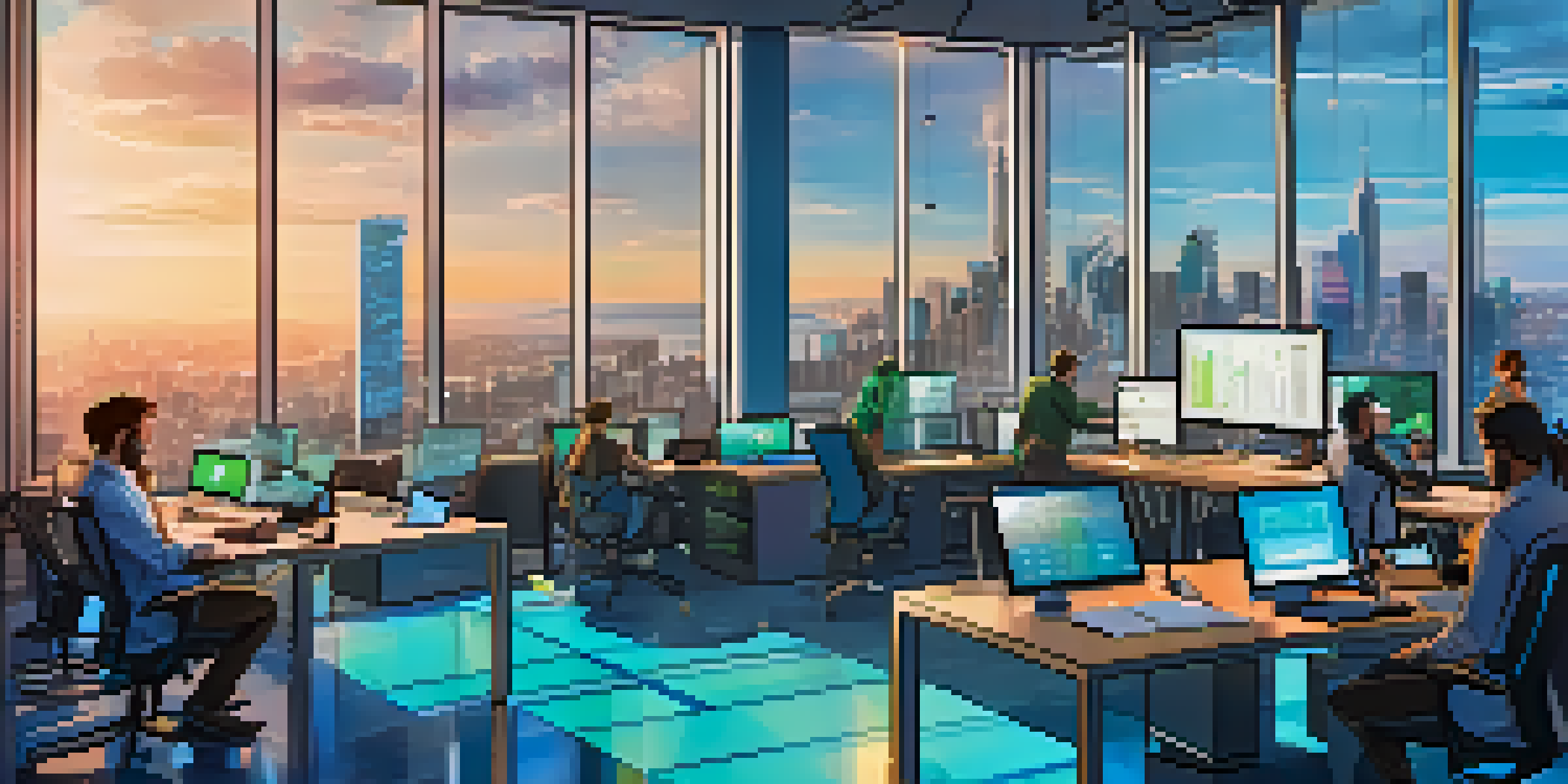 A diverse team of cryptocurrency professionals working together in a bright modern office, with digital screens showing data and charts.
