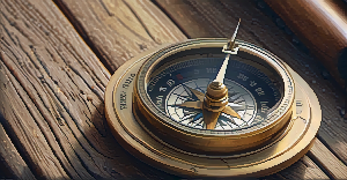 A close-up of a vintage compass on a wooden table, illuminated by warm light.
