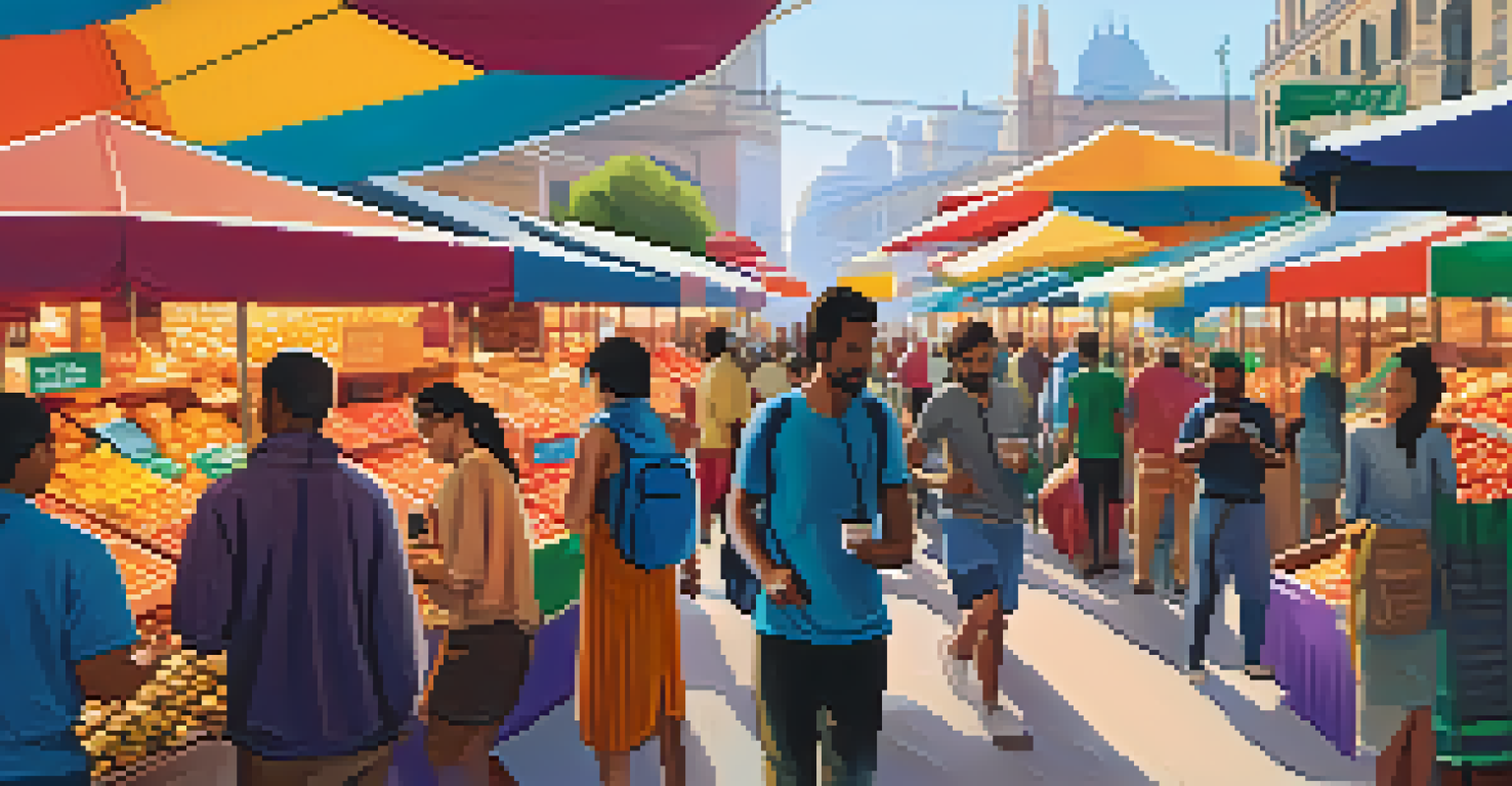 A lively outdoor market scene with diverse individuals using smartphones to manage digital wallets, surrounded by colorful market stalls.