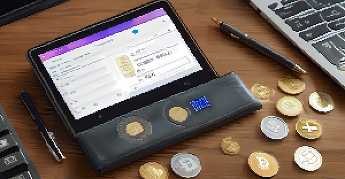 A close-up of a hardware wallet on a wooden table with a cozy home office background, surrounded by coins and notes.