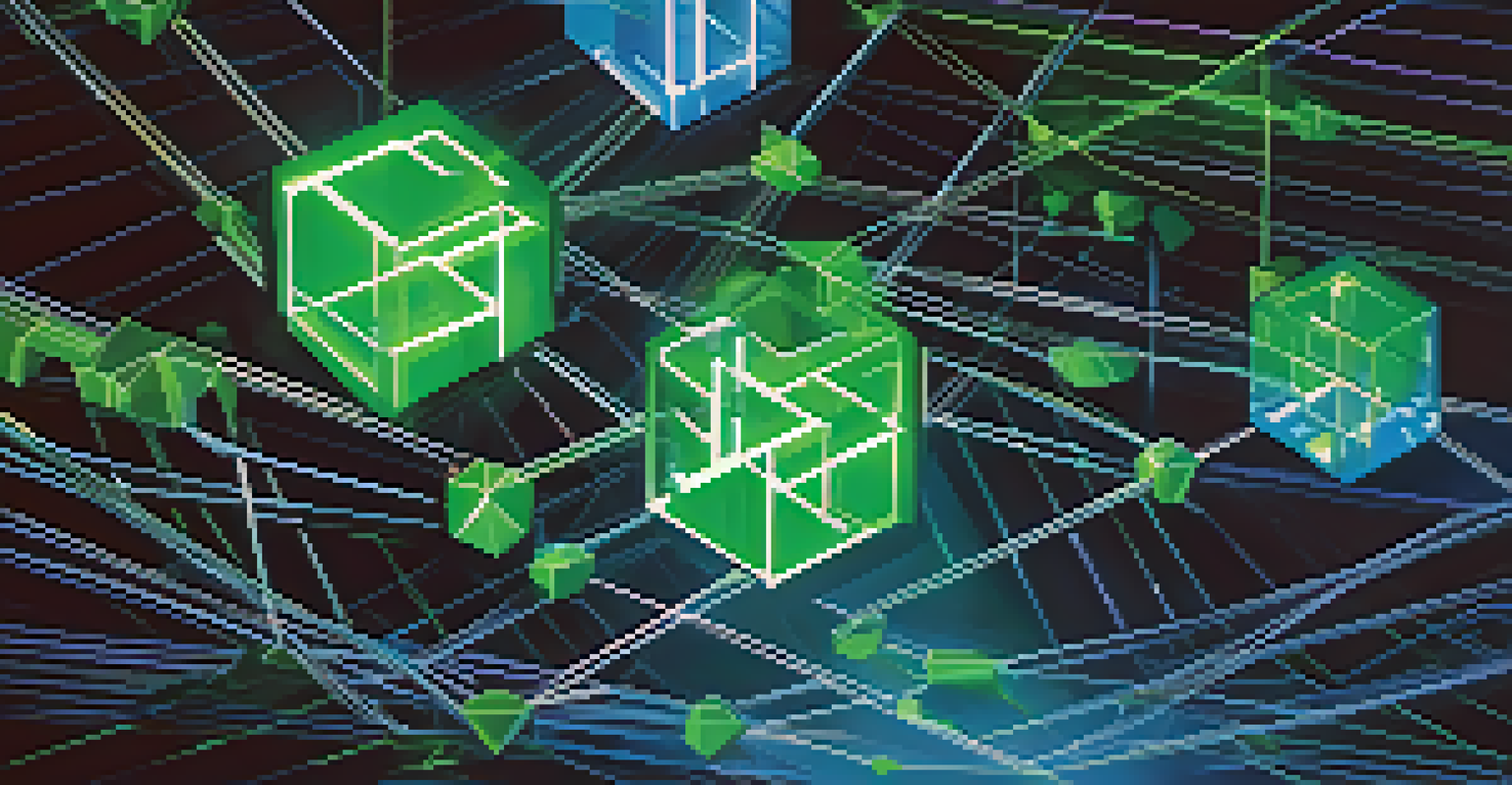 An abstract image of blockchain technology with interconnected blocks glowing in blue and green.