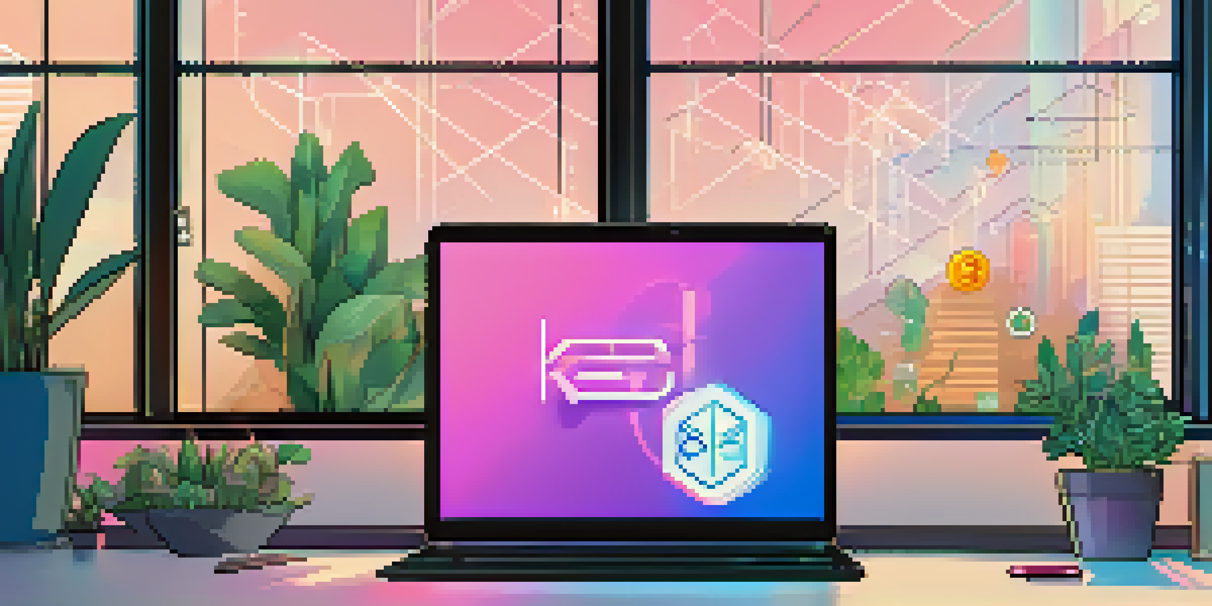 A digital illustration showing a decentralized exchange interface on a laptop, surrounded by floating cryptocurrency tokens and graphs in a modern workspace.