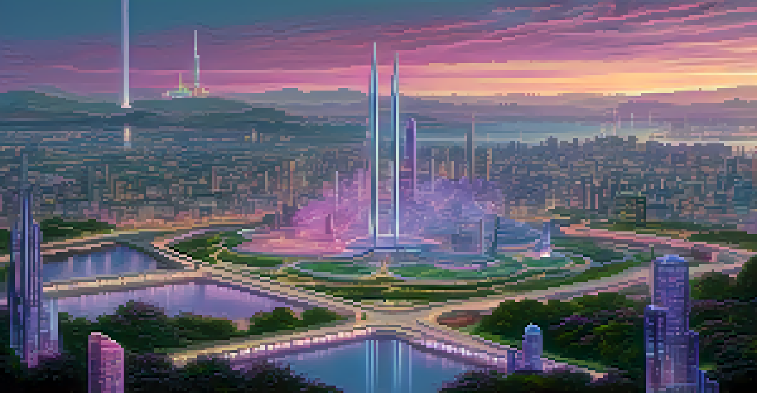 A futuristic city with artists sharing their work in holographic displays, set in twilight colors.