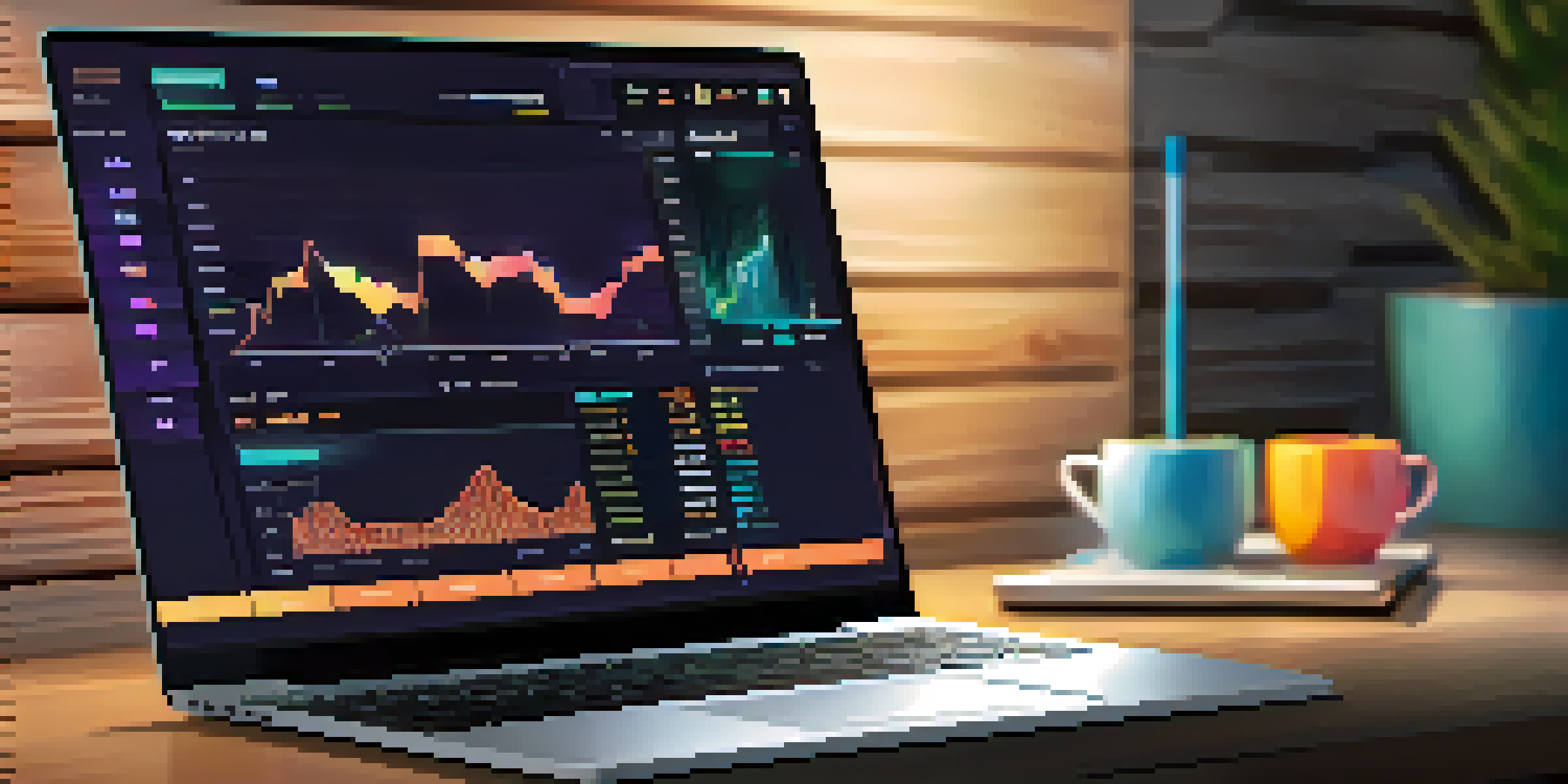 A modern laptop showing a user-friendly cryptocurrency exchange interface with colorful charts and a clean design in a home office.