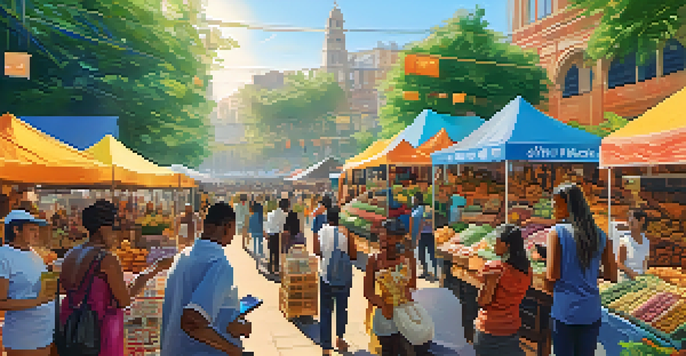 A lively marketplace with diverse individuals participating in decentralized finance activities, showcasing women using smartphones and stalls with DeFi information.