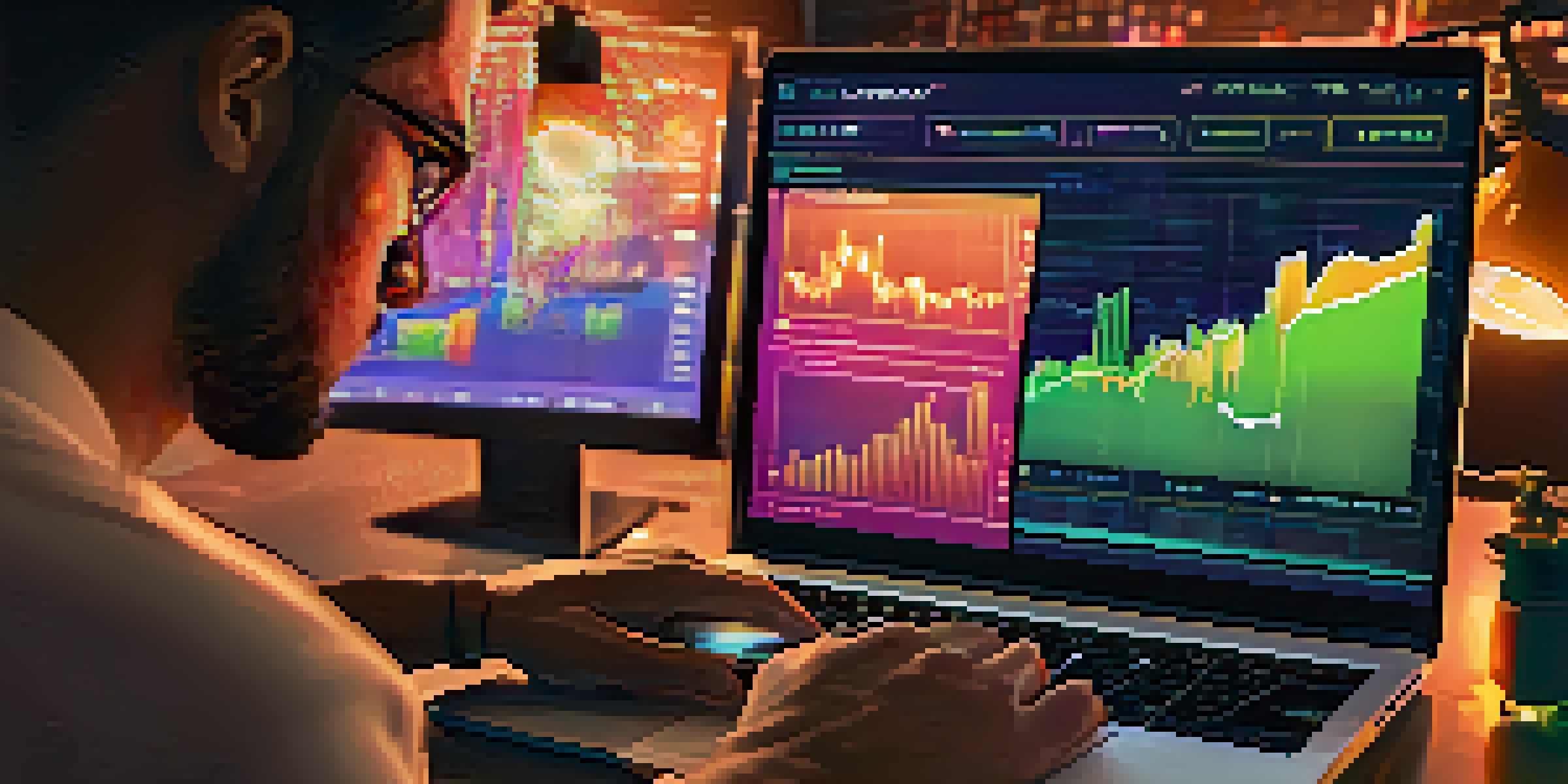 A trader focused on their laptop, analyzing cryptocurrency sentiment with colorful charts and graphs in a warmly lit room.