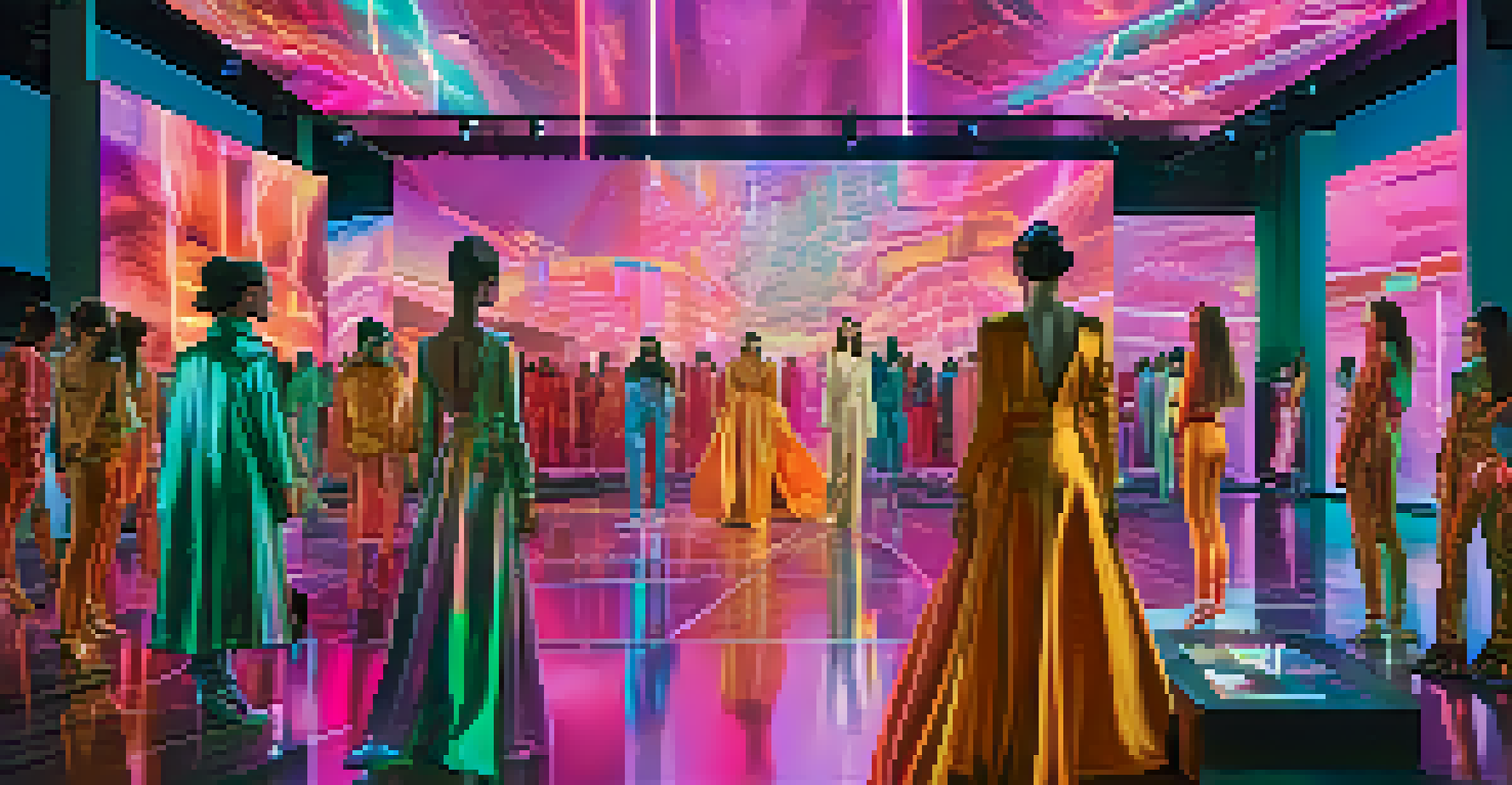A virtual fashion show with models in vibrant, digital outfits and an engaged audience in a futuristic setting.