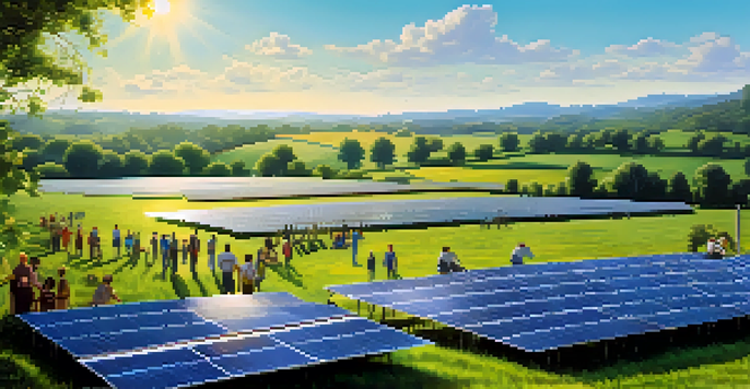 A group of diverse individuals discussing eco-friendly initiatives in front of a solar farm, with green fields and trees in the background.