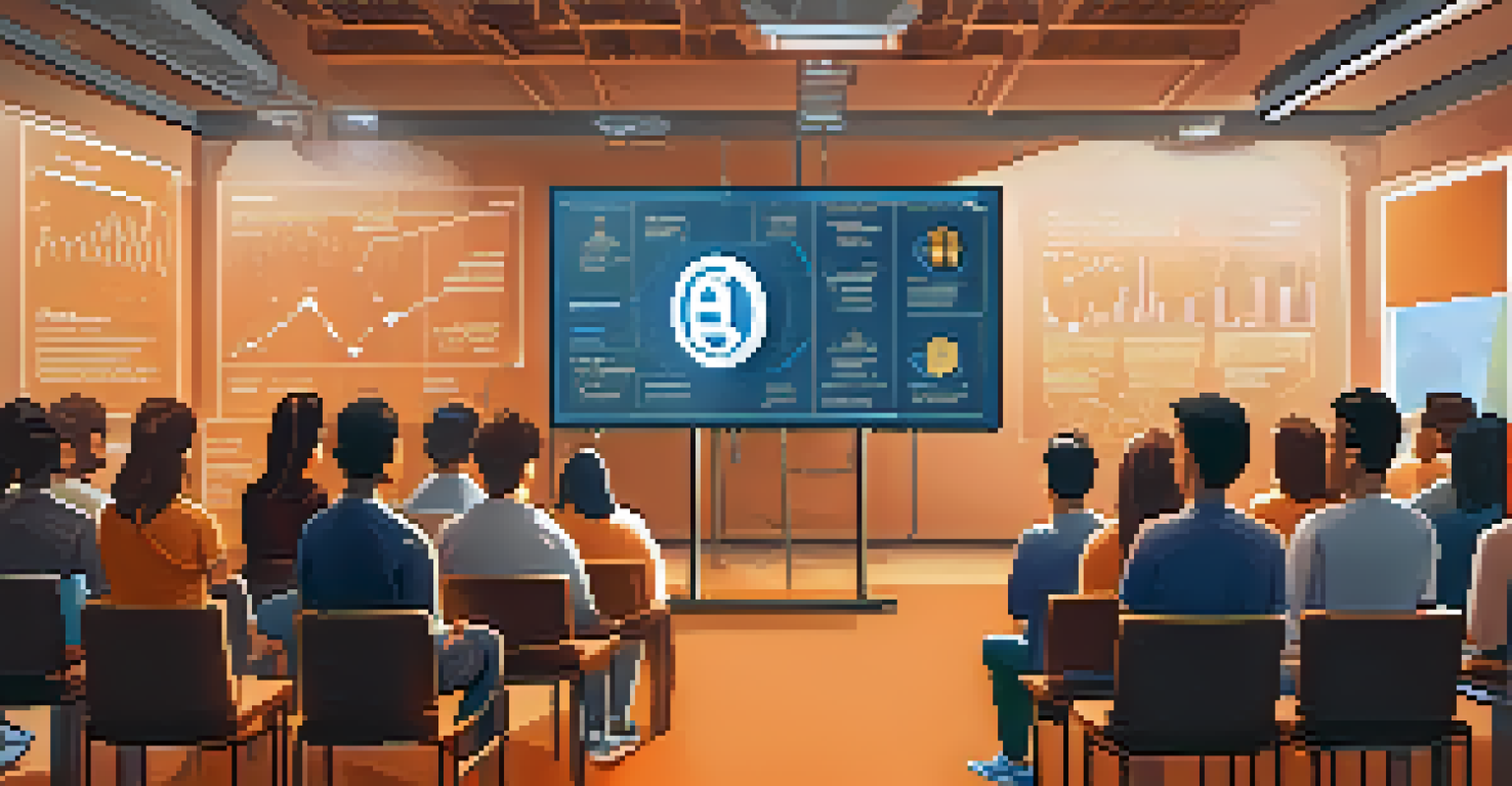 An instructor leading a cryptocurrency workshop with an engaged audience, showcasing visual aids and a friendly atmosphere.