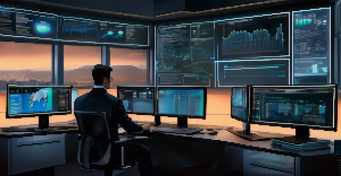 A person analyzing cryptocurrency trading data on multiple computer screens in a dimly lit workspace.