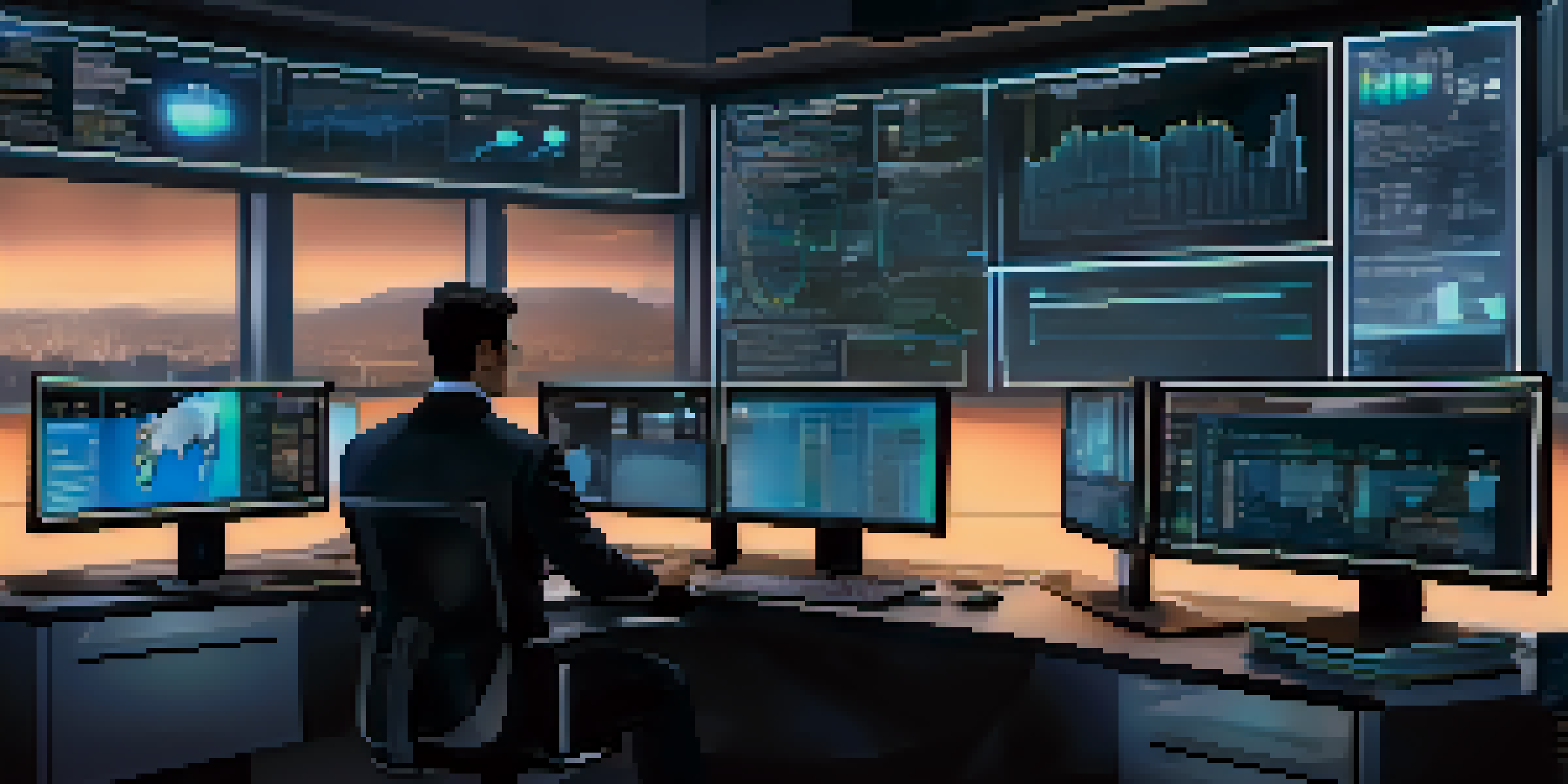 A person analyzing cryptocurrency trading data on multiple computer screens in a dimly lit workspace.