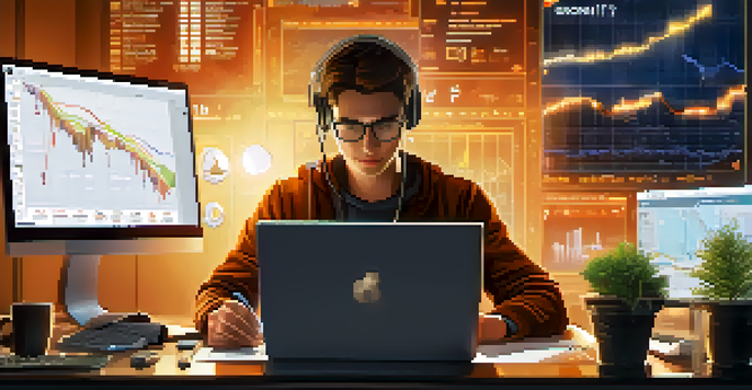 A close-up of a person typing on a laptop with cryptocurrency charts visible on the screen, surrounded by a coffee cup and a small plant, in a warm-lit workspace.