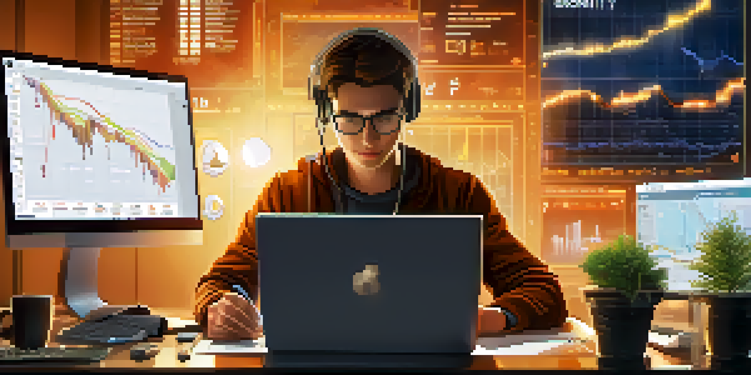 A close-up of a person typing on a laptop with cryptocurrency charts visible on the screen, surrounded by a coffee cup and a small plant, in a warm-lit workspace.