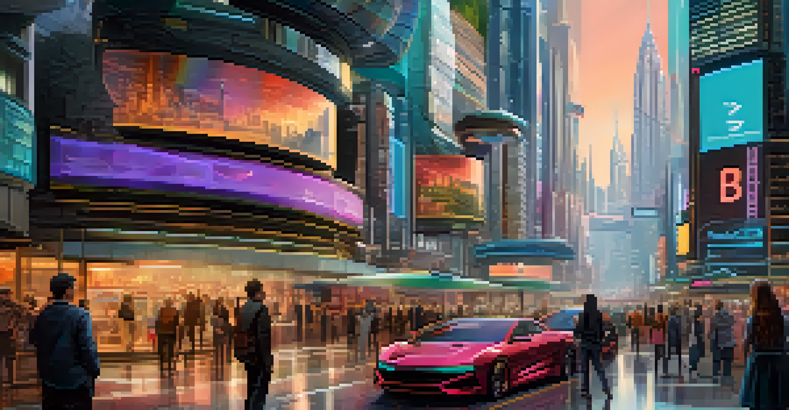 A modern cityscape depicting advanced technology and finance, with futuristic buildings and digital displays.