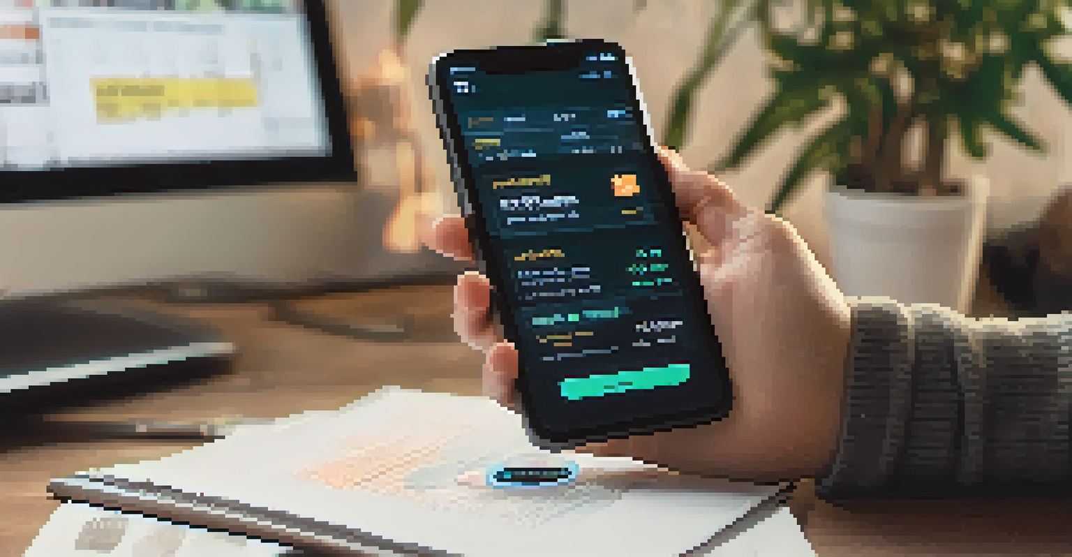 A close-up of a hand holding a smartphone with a cryptocurrency trading app, set in a cozy home office.