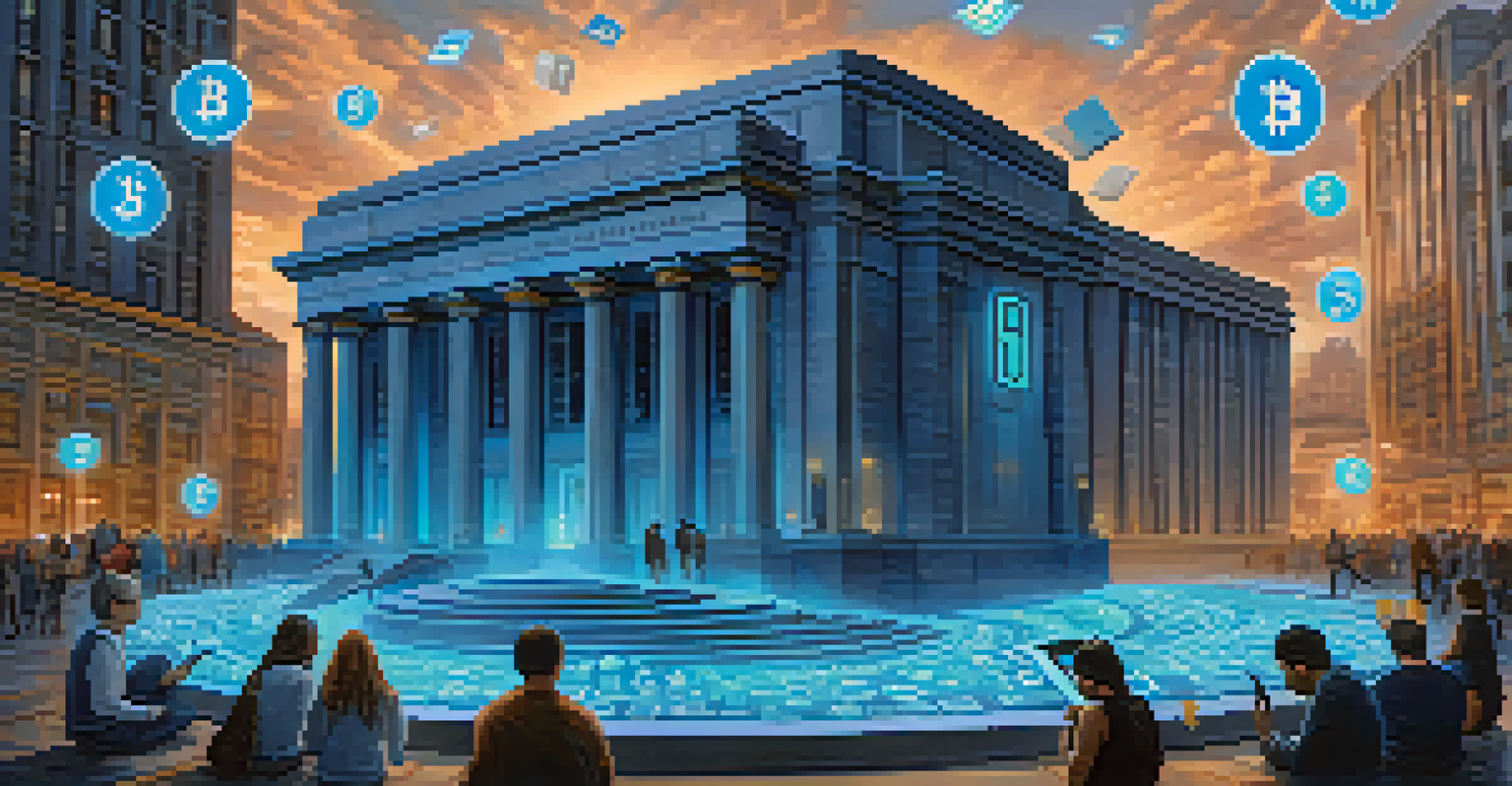 Central bank buildings surrounded by digital currency symbols, with people using mobile devices in the foreground.