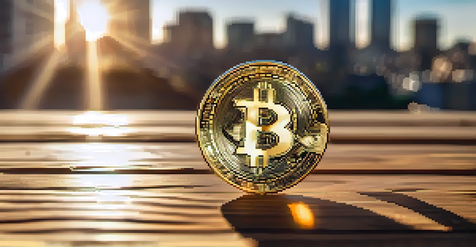A golden Bitcoin coin on a wooden table with sunlight creating a glow, and a blurred cityscape in the background.