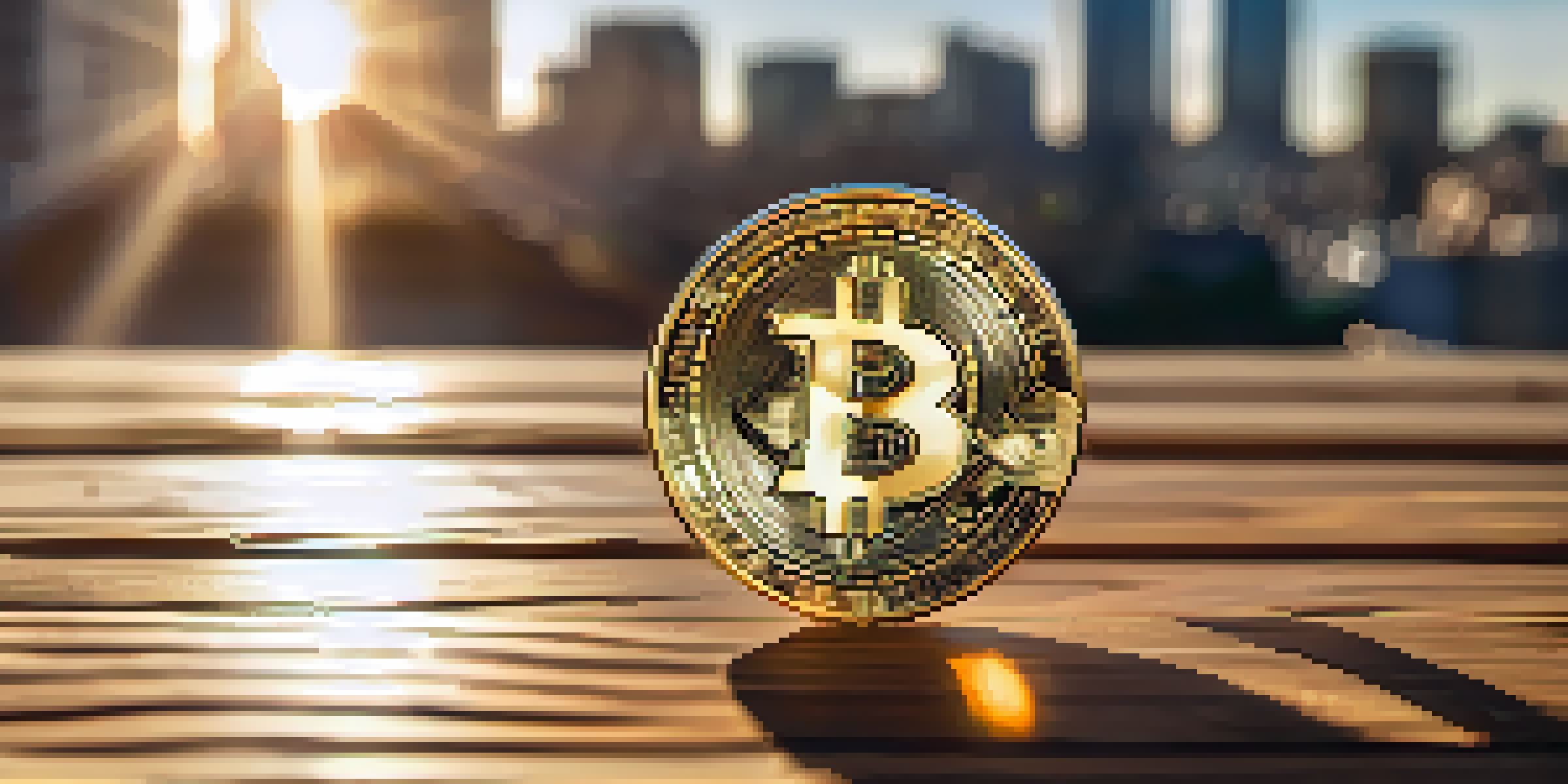 A golden Bitcoin coin on a wooden table with sunlight creating a glow, and a blurred cityscape in the background.