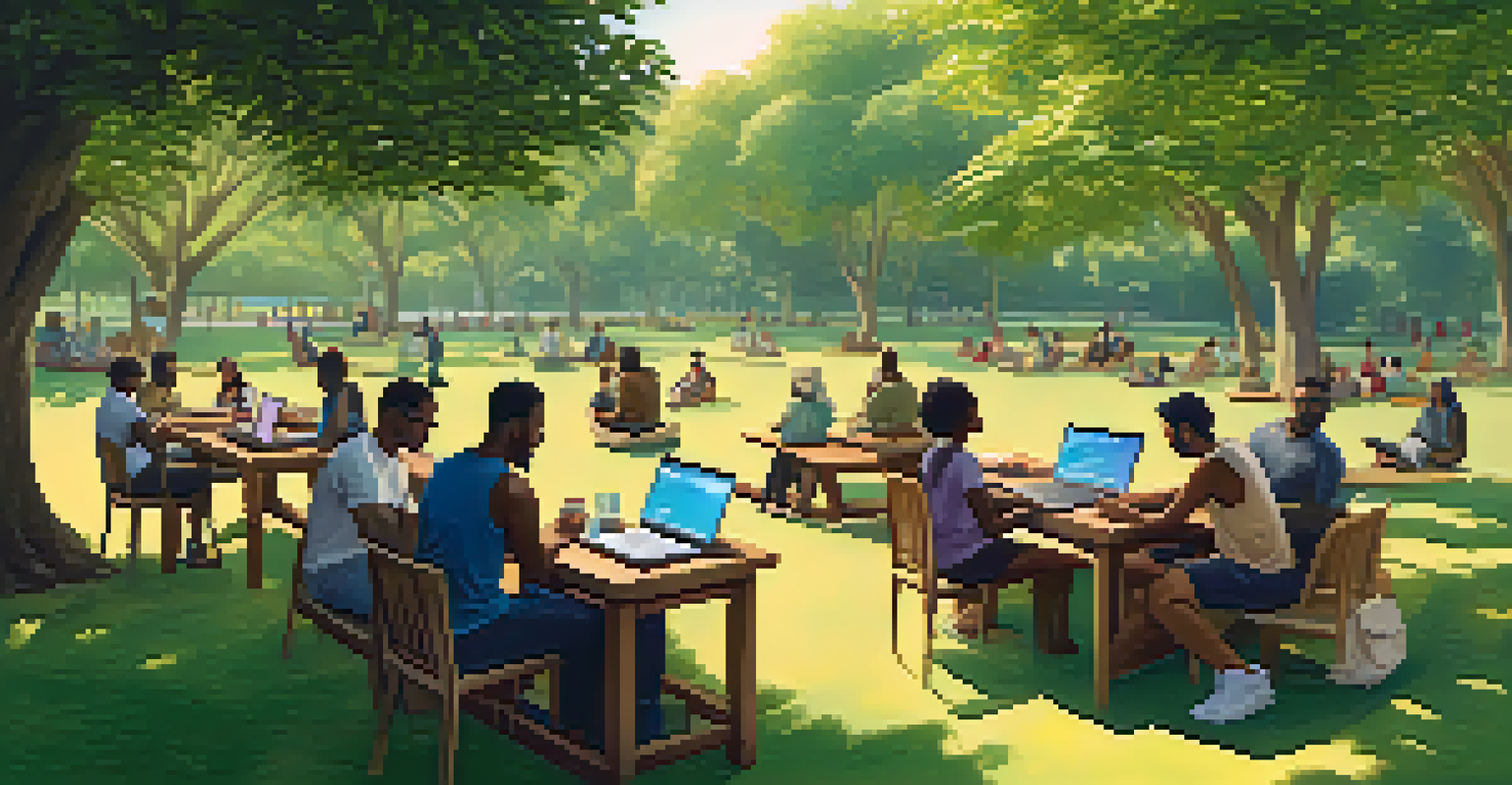A diverse group of people engaging in decentralized finance activities in a sunny park, promoting inclusivity.