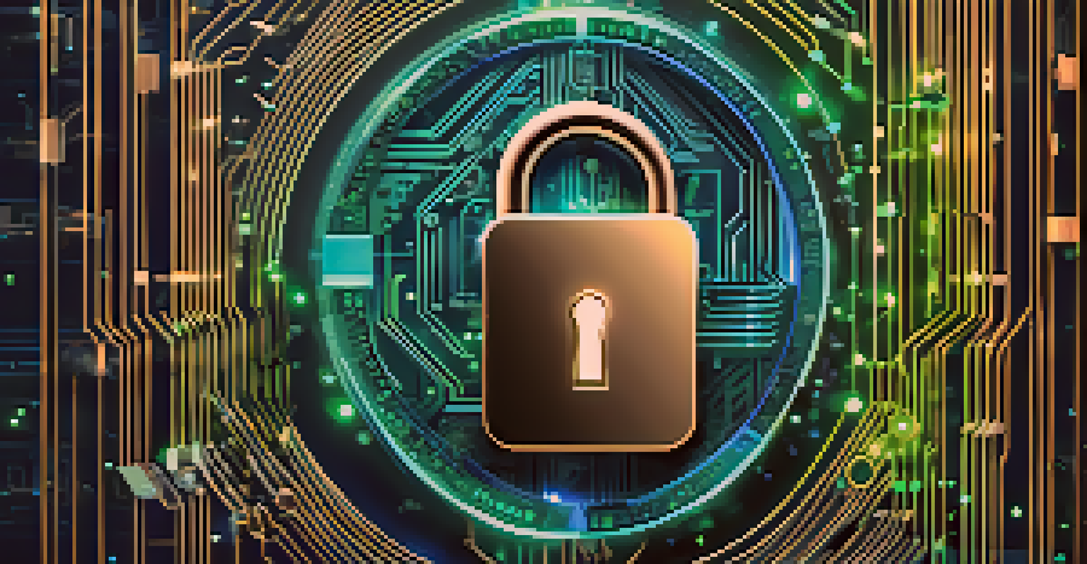 A close-up image of a glowing digital lock symbolizing blockchain security, with a coded background in blues and greens.