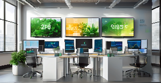 A modern office workspace with multiple screens showing interconnected software applications and colorful data visualizations, complemented by green plants and natural light.