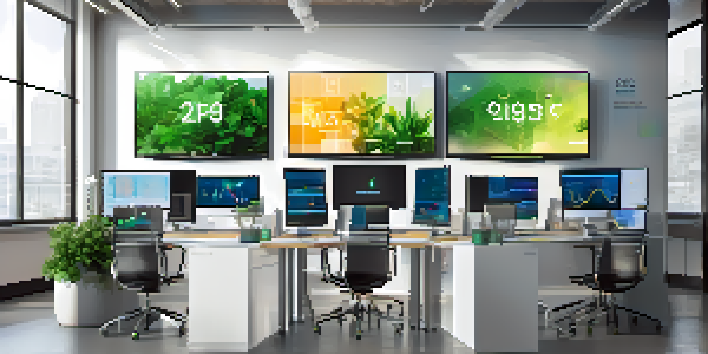 A modern office workspace with multiple screens showing interconnected software applications and colorful data visualizations, complemented by green plants and natural light.