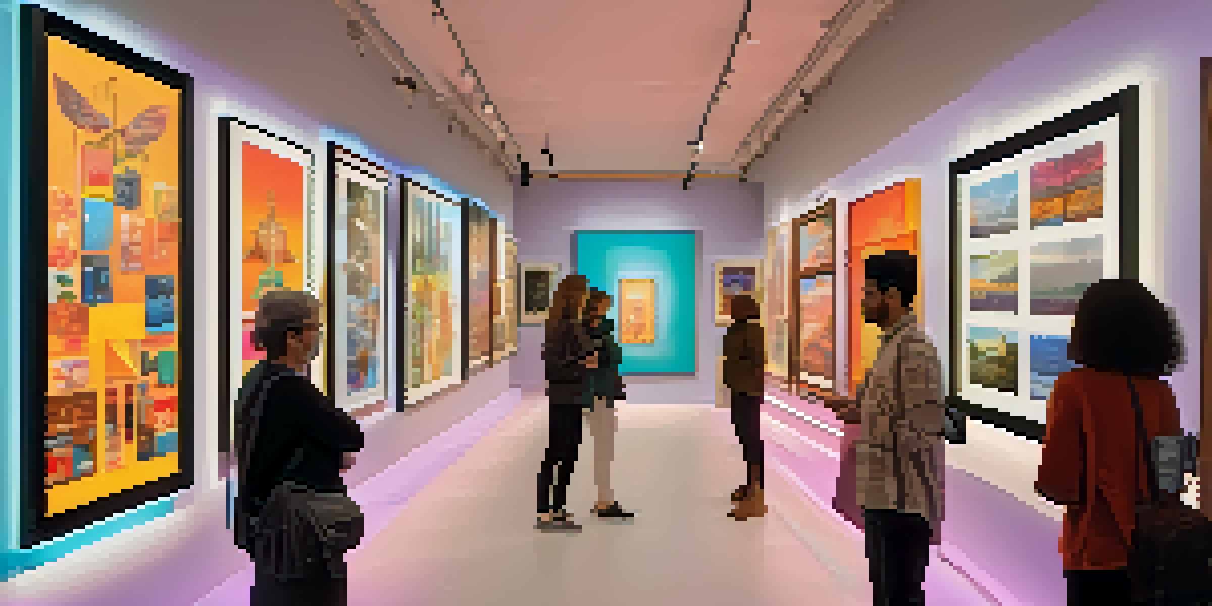 A digital art gallery filled with diverse people engaging with unique NFTs displayed on screens, illuminated by warm lighting.
