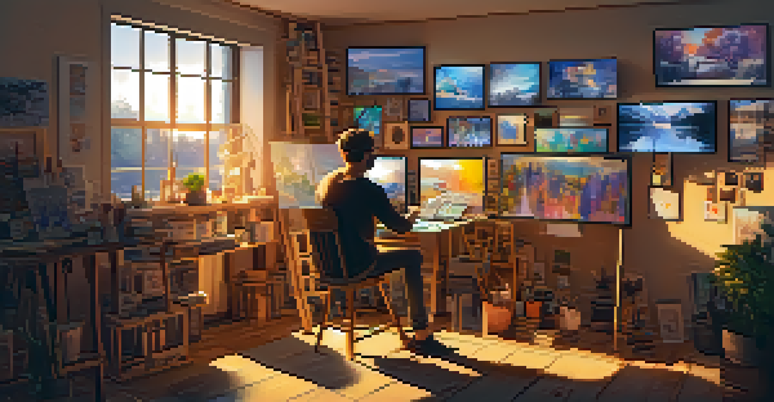 An artist in a studio minting NFTs with digital screens around them and warm sunlight.