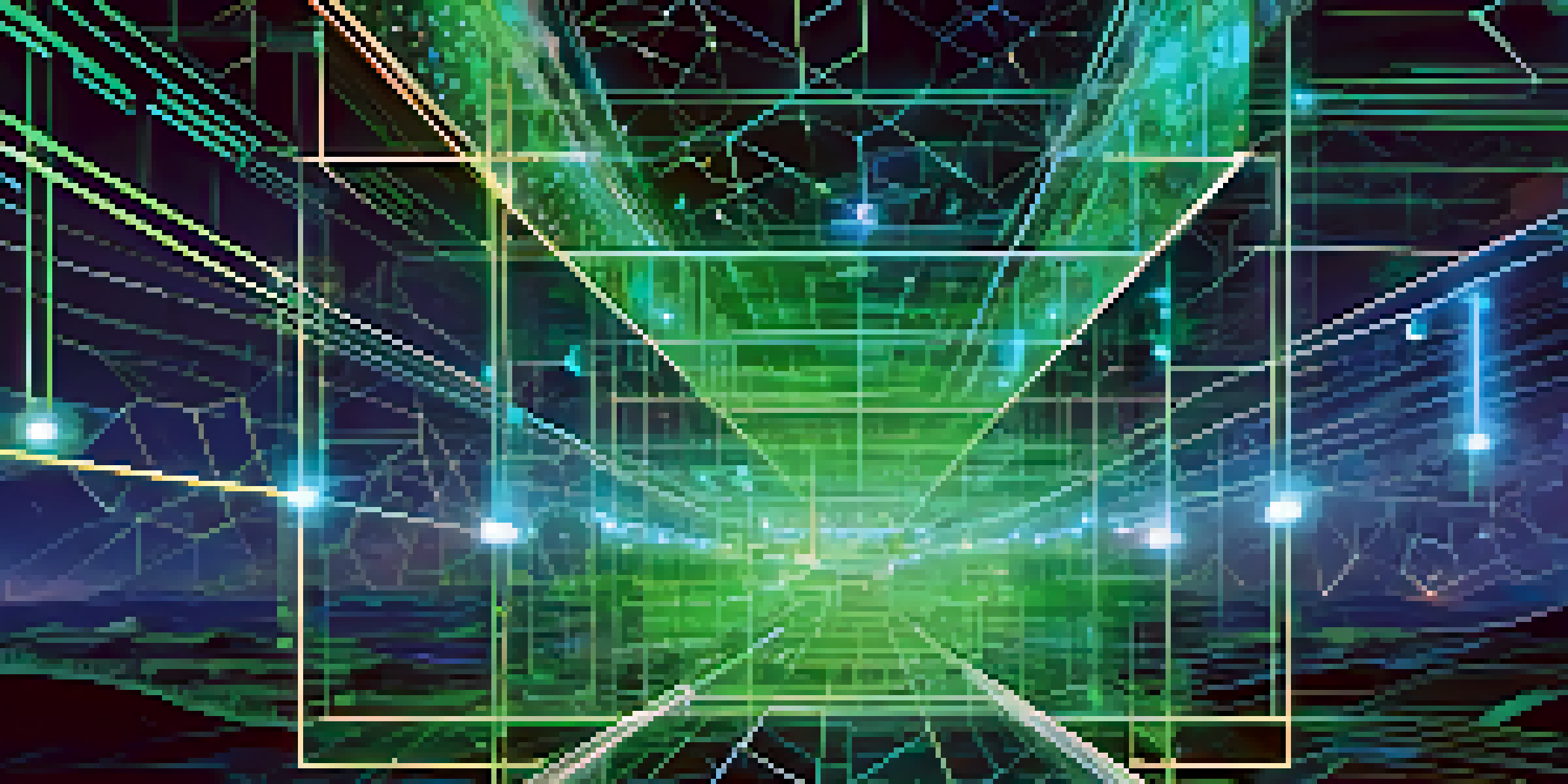 An illustration of a decentralized blockchain network with interconnected nodes and a digital landscape.