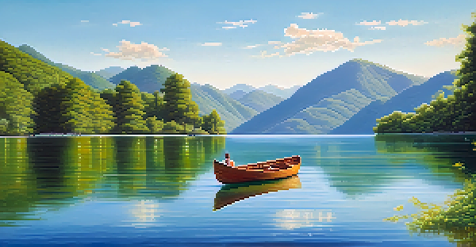 A peaceful lake scene with mountains, a wooden boat, and sunlight reflecting on the water.