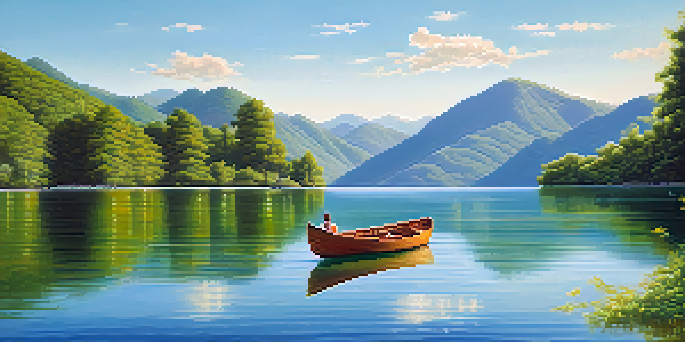 A peaceful lake scene with mountains, a wooden boat, and sunlight reflecting on the water.