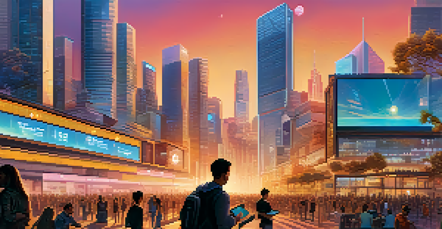 A modern city with people trading cryptocurrencies on smartphones, showcasing diversity and financial inclusion in a vibrant sunset.