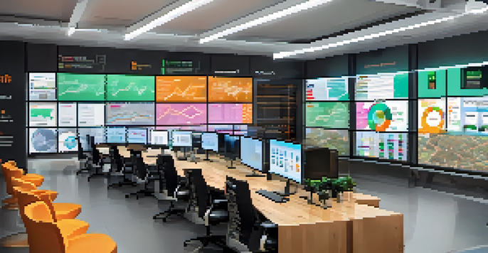 A modern supply chain office with a digital display showing cryptocurrency transactions, sleek furniture, and colorful charts on the walls.