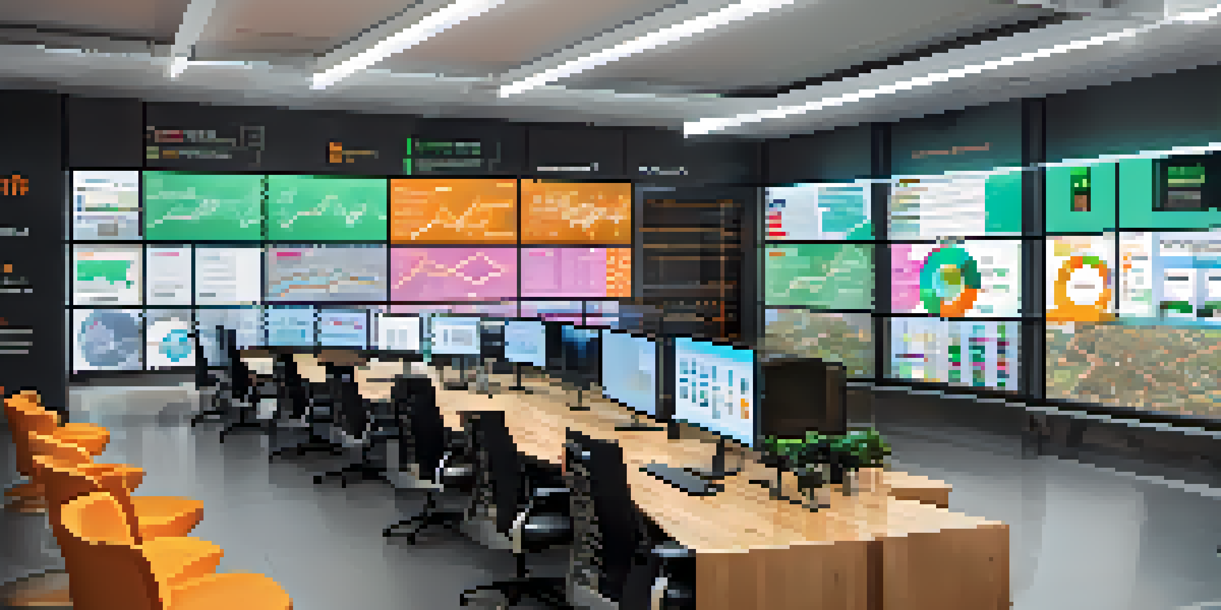 A modern supply chain office with a digital display showing cryptocurrency transactions, sleek furniture, and colorful charts on the walls.