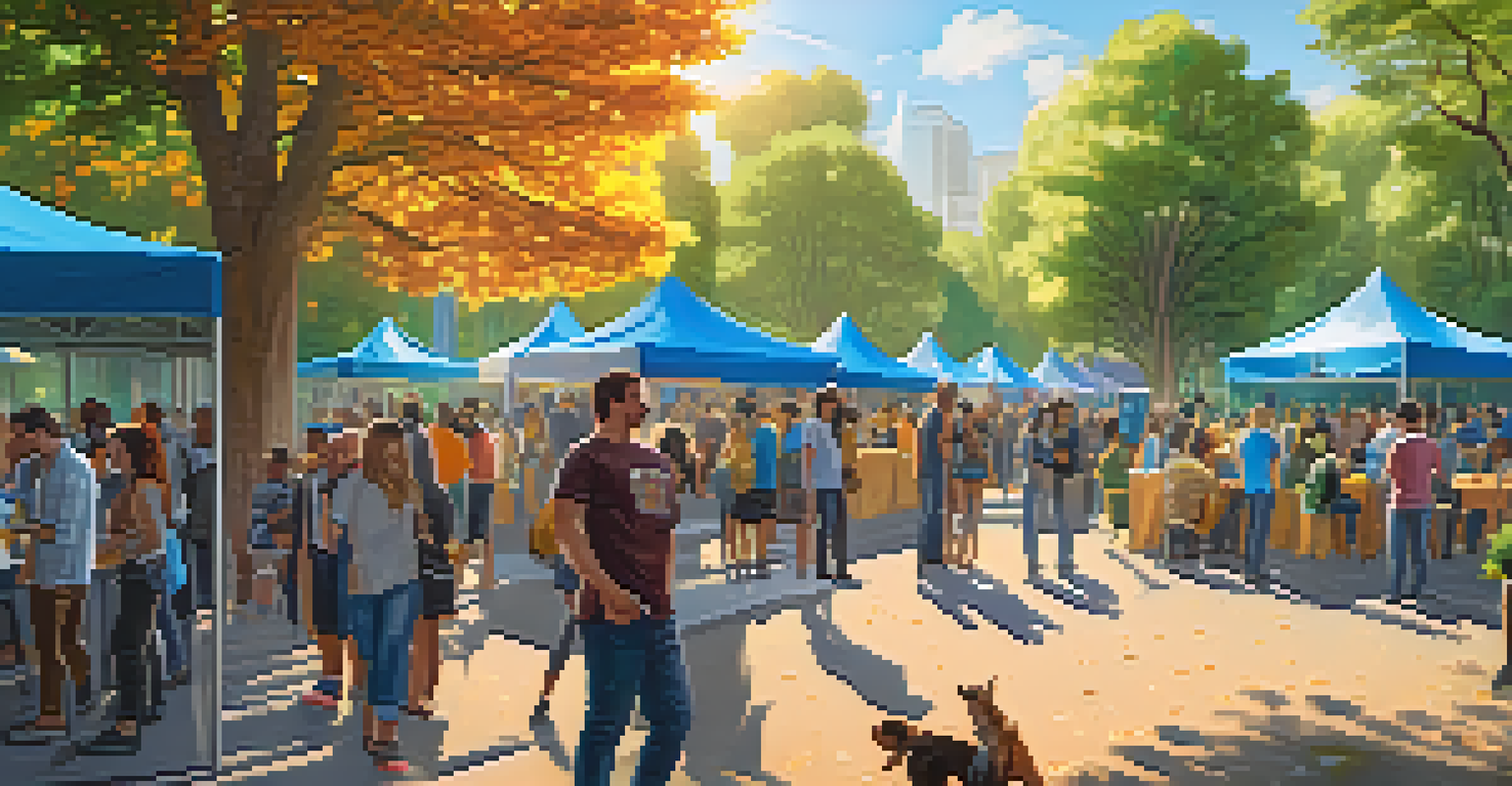 A community event in a park focused on cryptocurrency education, featuring booths and attendees discussing digital currencies under the sunlight.