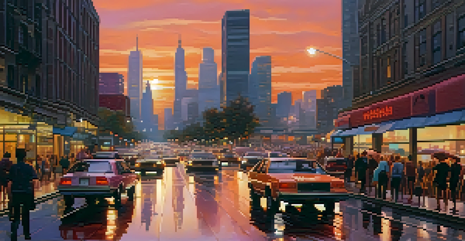 A vibrant city street at sunset with skyscrapers and people.