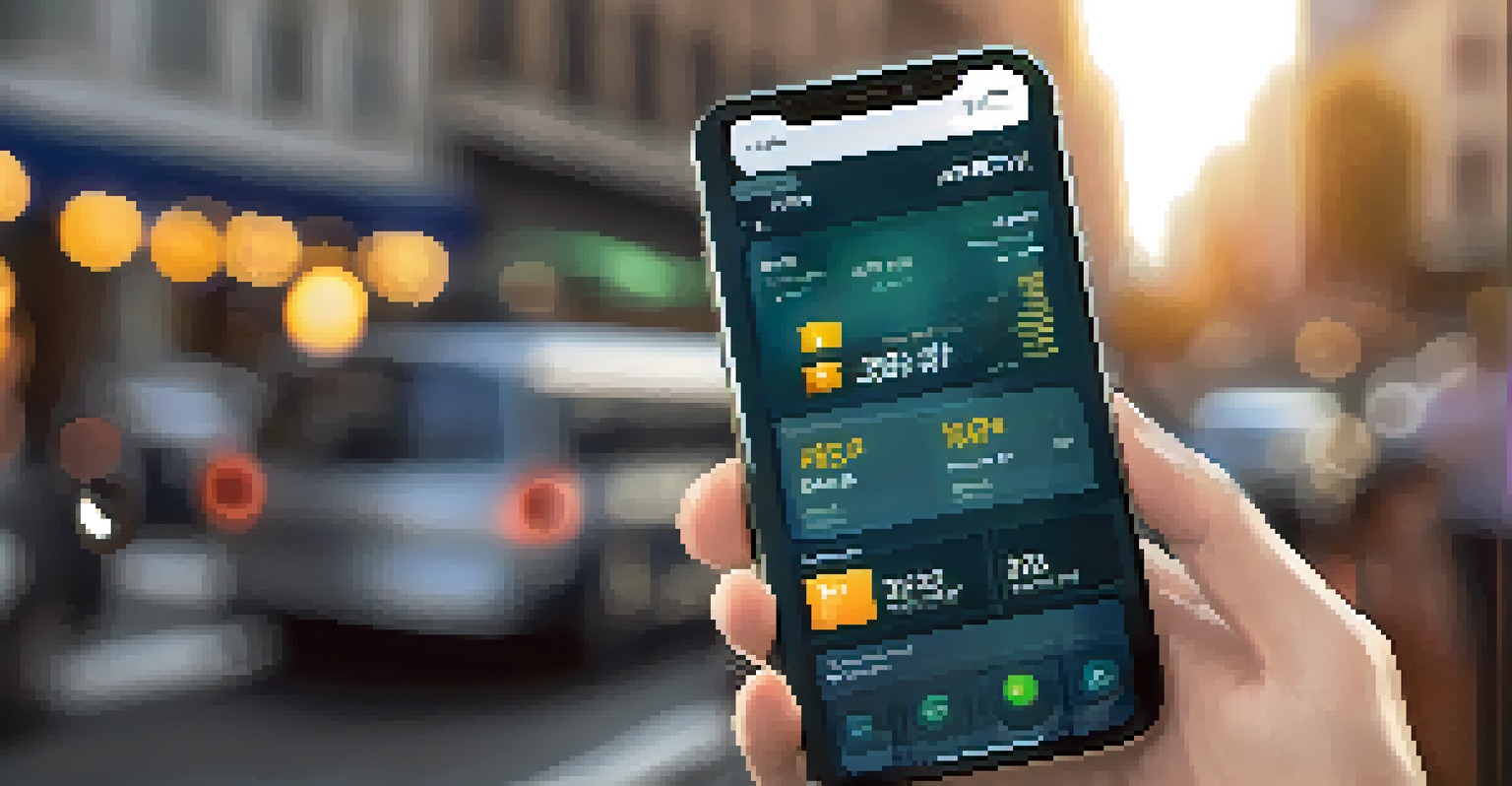 A hand holding a mobile phone showing a simplified cryptocurrency trading app in an urban setting, symbolizing on-the-go trading.