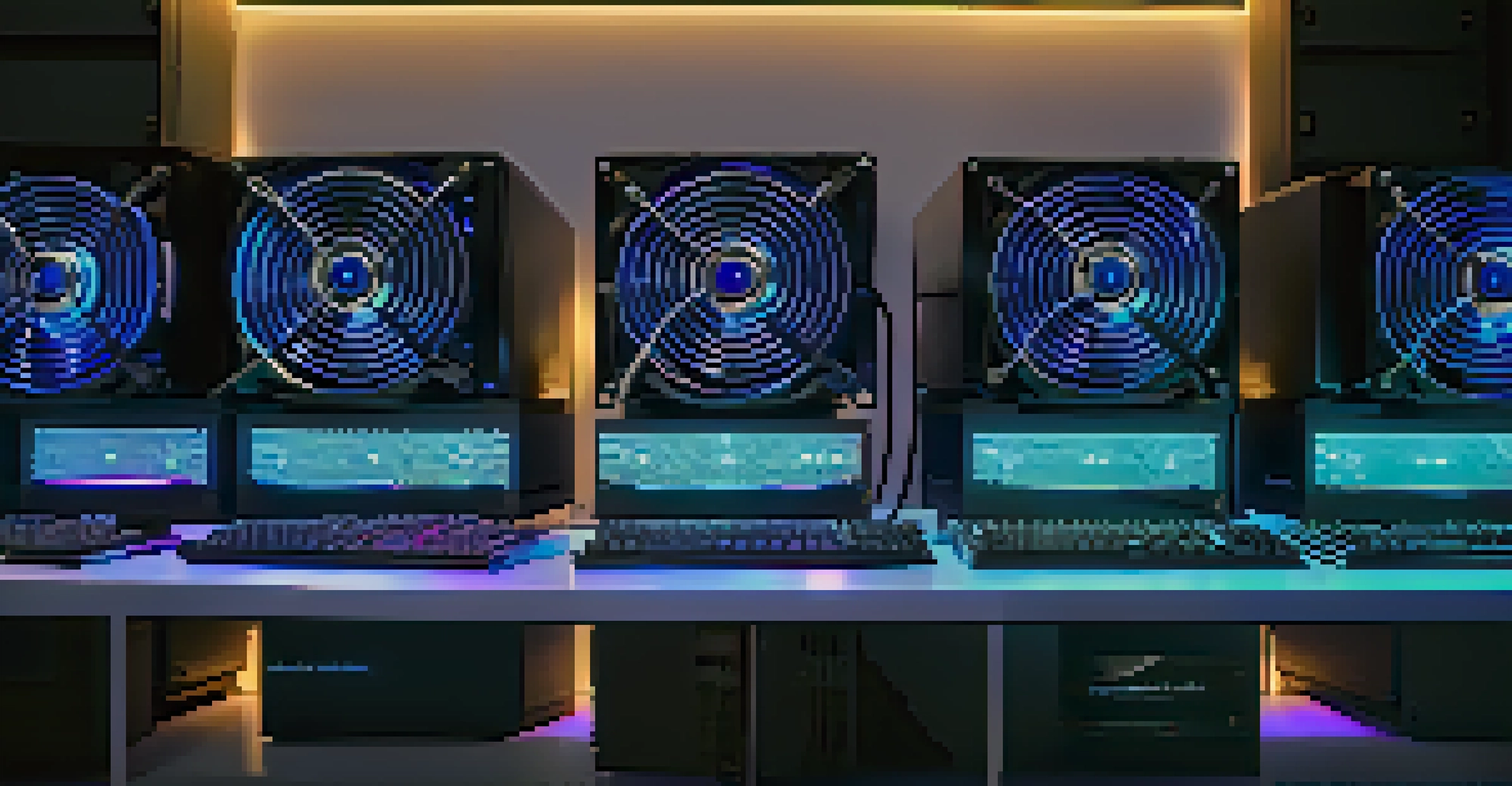 A close-up of a modern cryptocurrency mining setup, featuring high-performance graphics cards and a monitor with mining data, illuminated by blue LED lights.