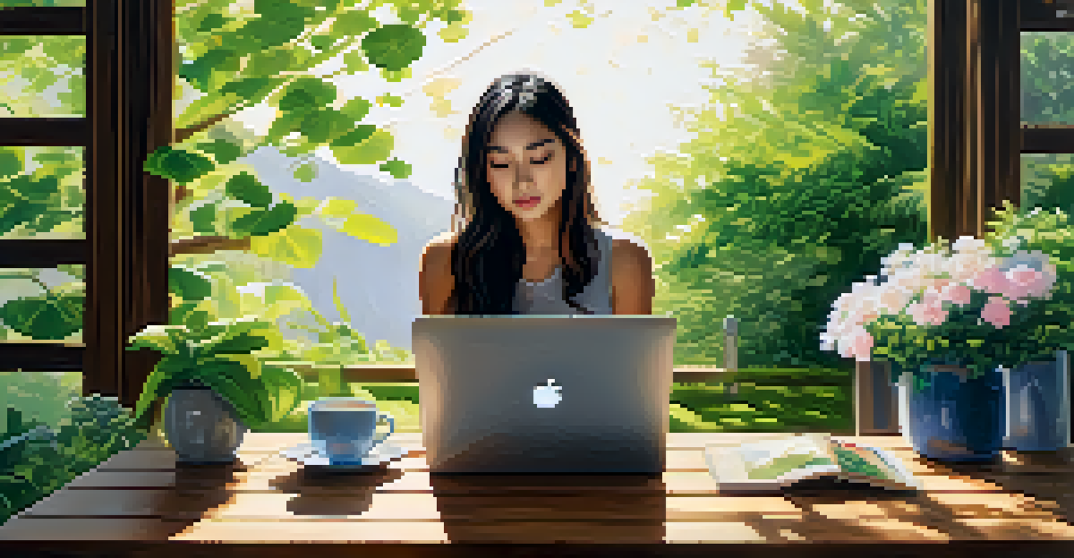 A young woman working on a laptop in a serene garden setting, surrounded by flowers and greenery.