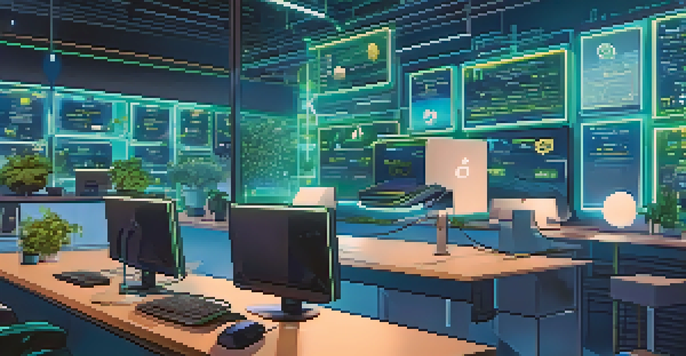 A modern e-commerce workspace with a computer showing cryptocurrency payment options, illuminated by blue and green lights, and decorated with digital currency symbols.