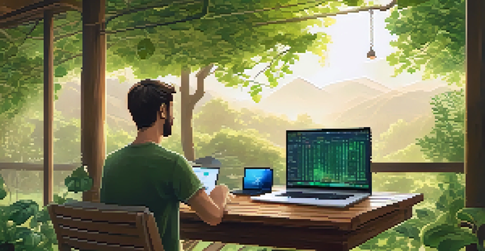 A person working on a laptop outdoors, surrounded by greenery, analyzing cryptocurrency charts.