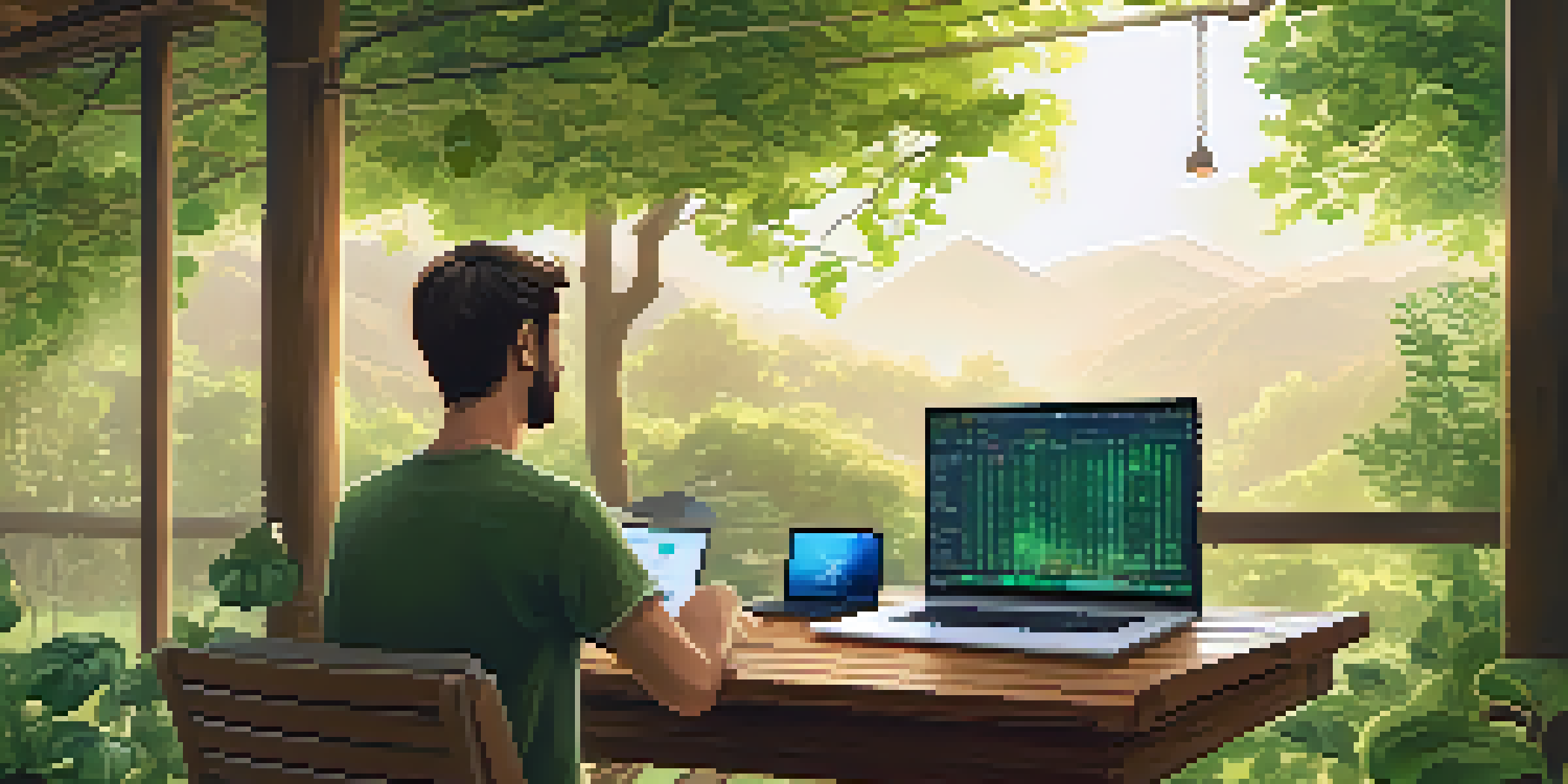A person working on a laptop outdoors, surrounded by greenery, analyzing cryptocurrency charts.