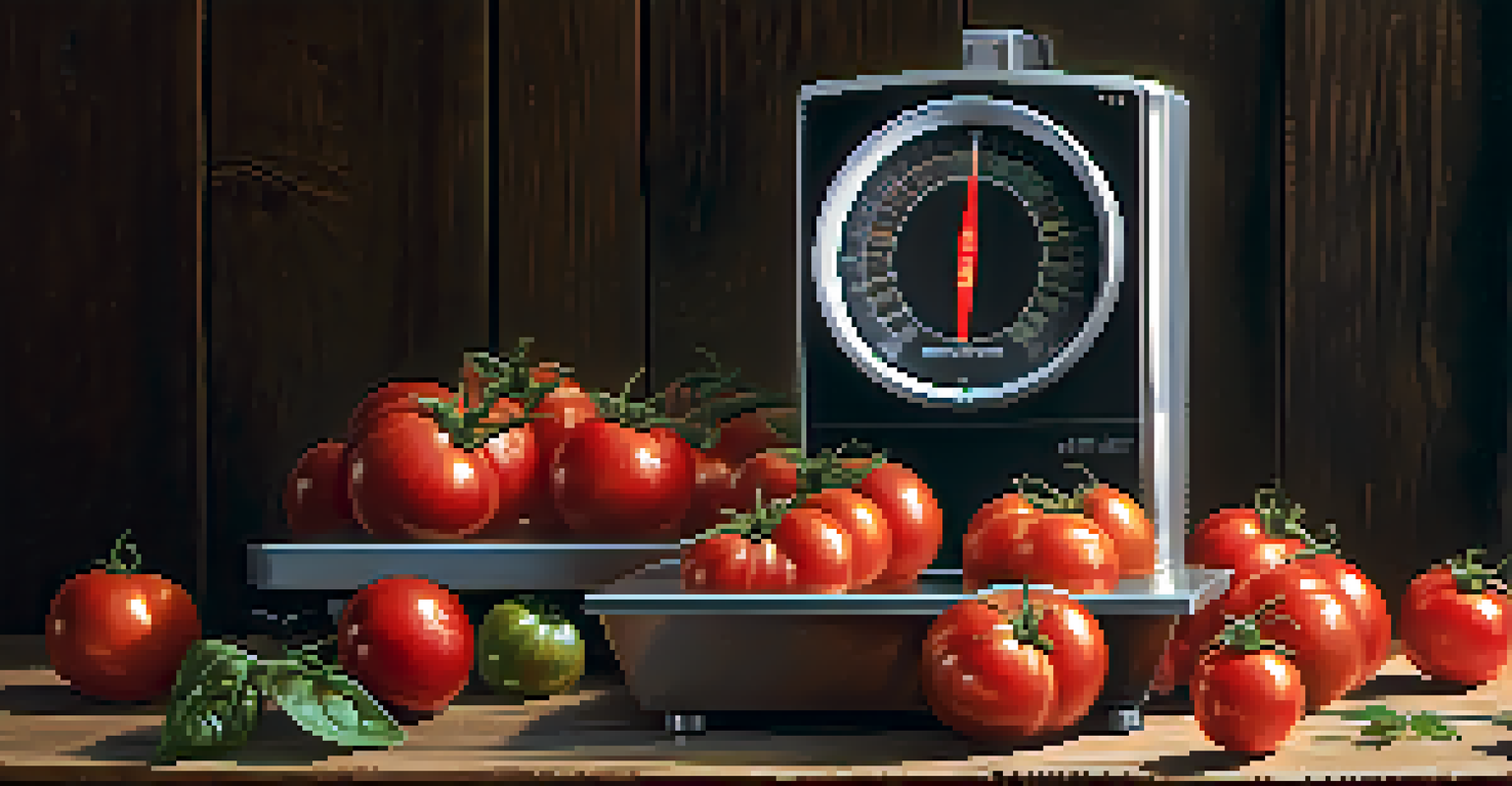 Close-up of organic tomatoes on a scale with a blockchain tracking system displayed on a screen.