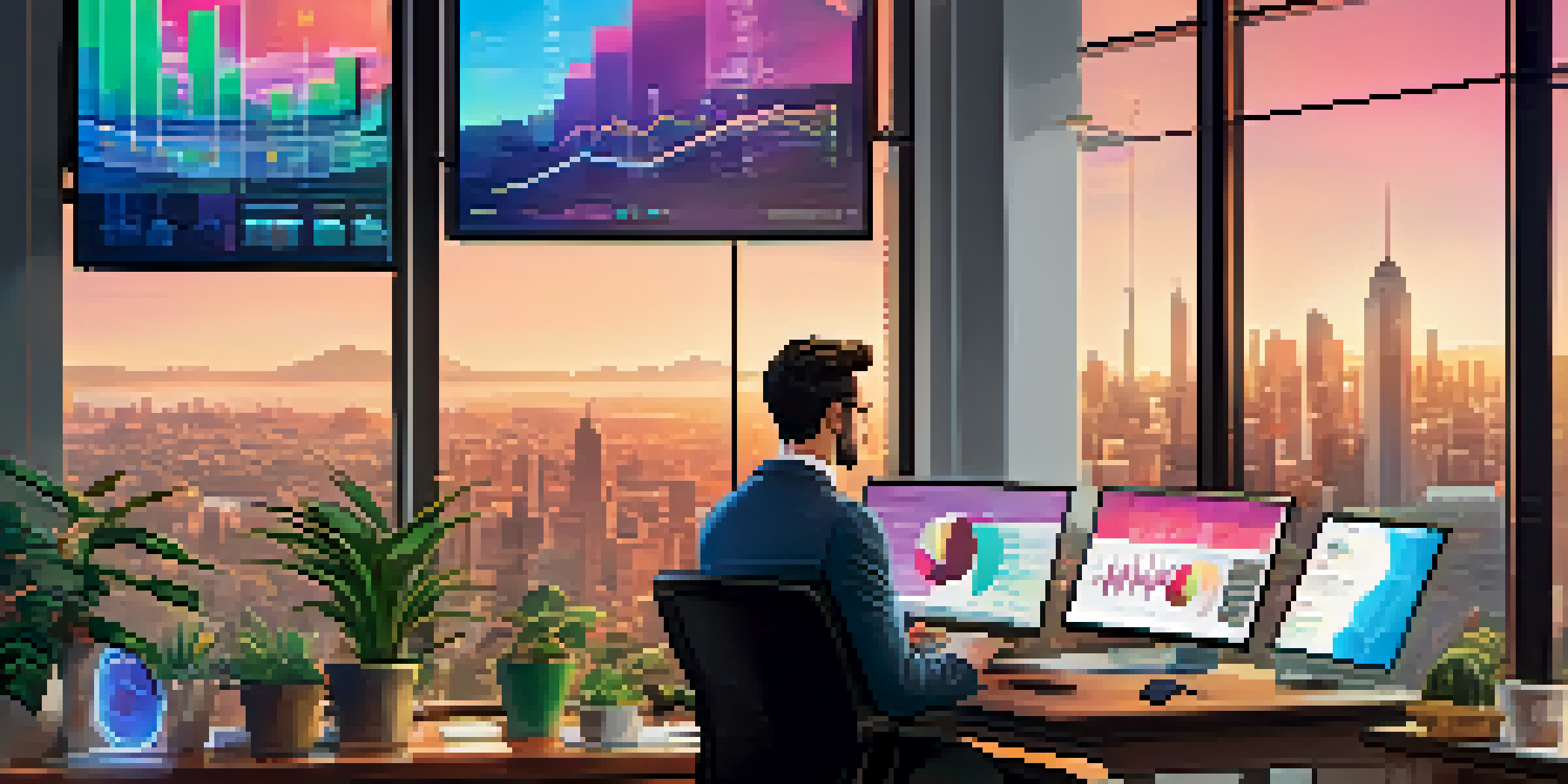 A modern investor at a desk with multiple screens analyzing digital assets, surrounded by plants and artwork, with a city skyline visible outside the window.