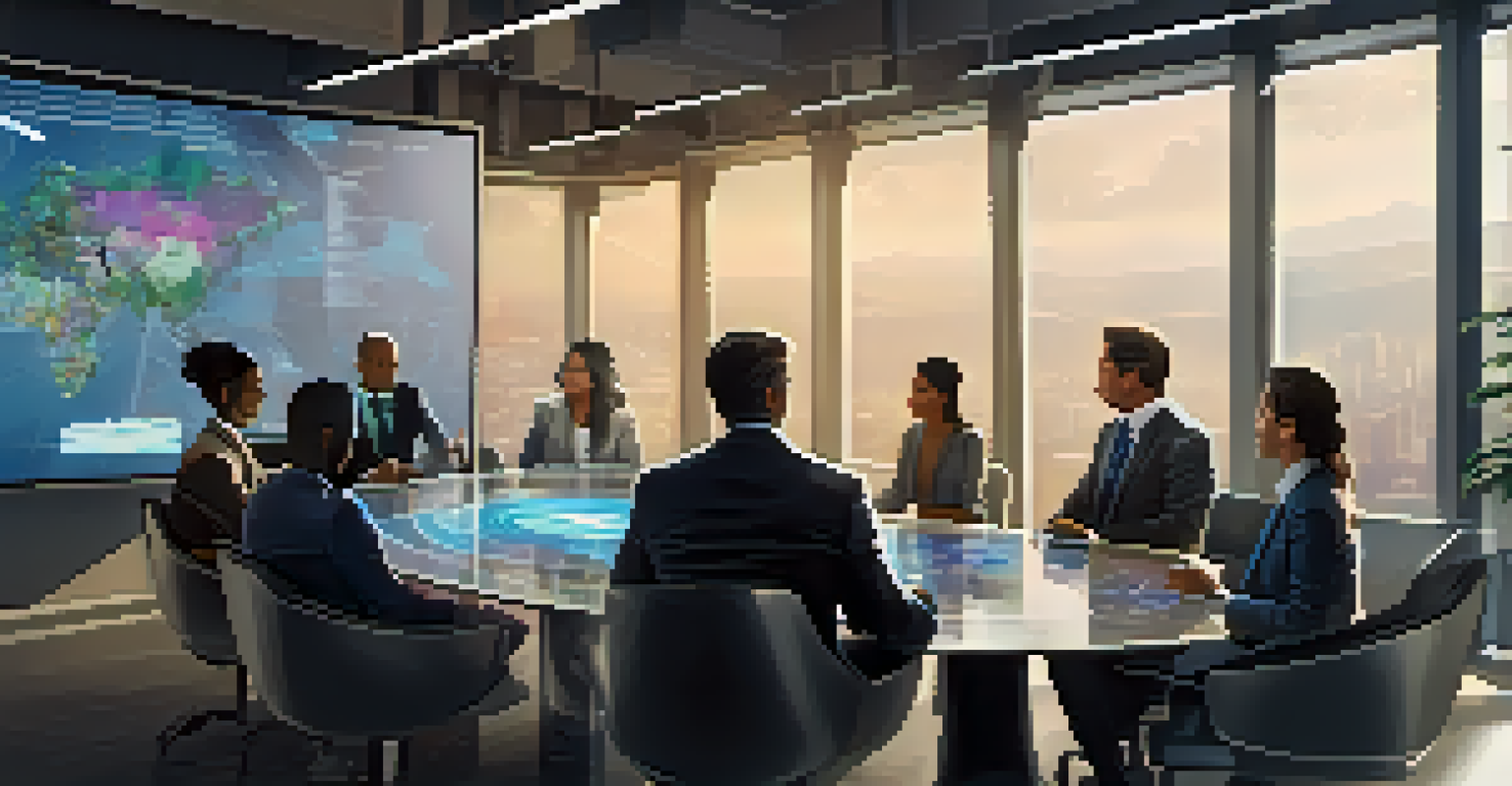 A group of diverse professionals discussing cryptocurrencies in a modern office, with a digital tracking map projected behind them.