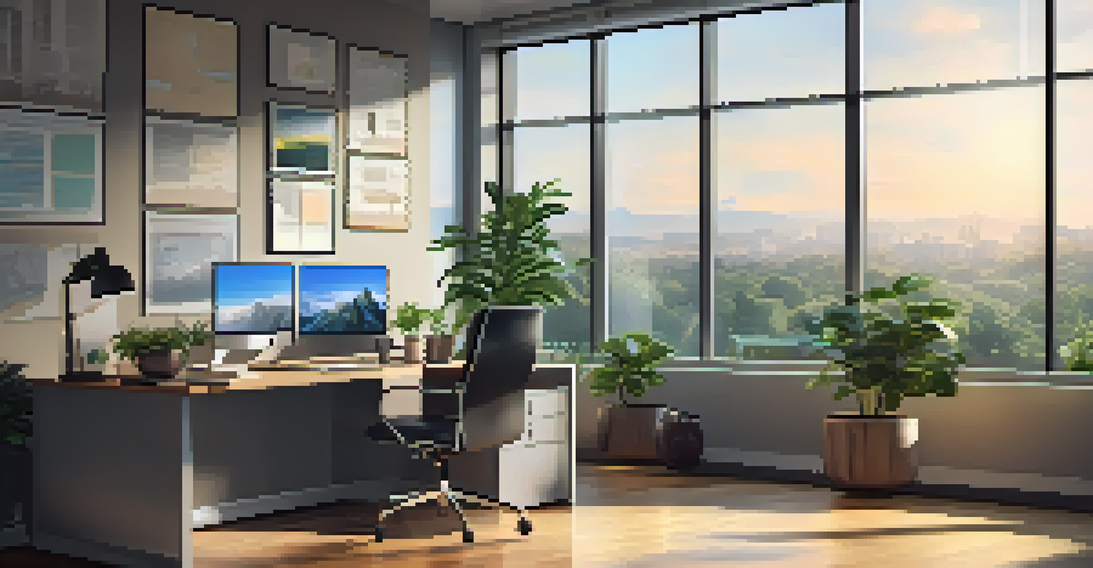 A contemporary office with a desk, laptop showing trading charts, and coffee cup, illuminated by sunlight from a window.
