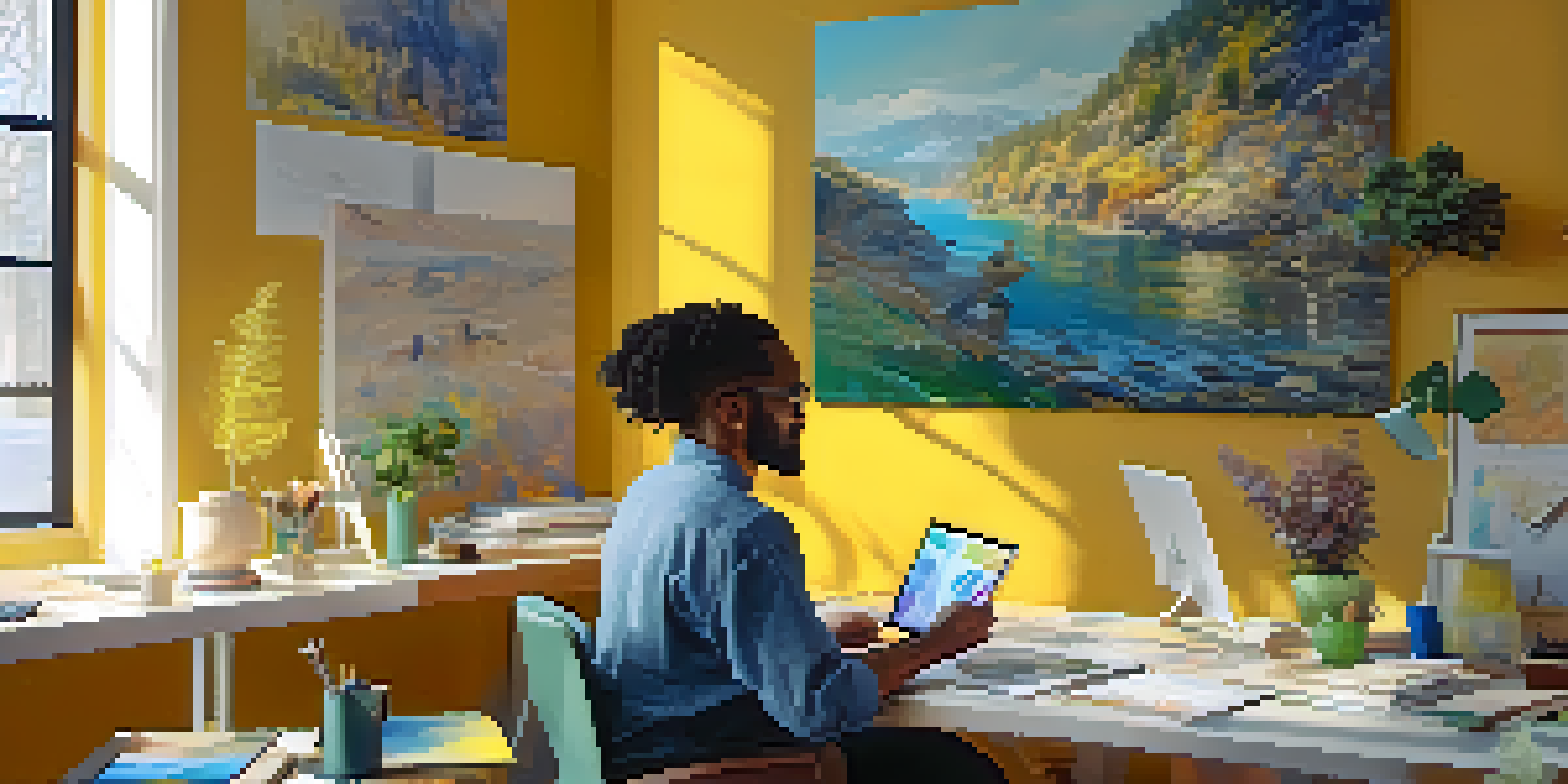 A digital artist creating artwork on a tablet in a bright and inviting workspace filled with colorful art.
